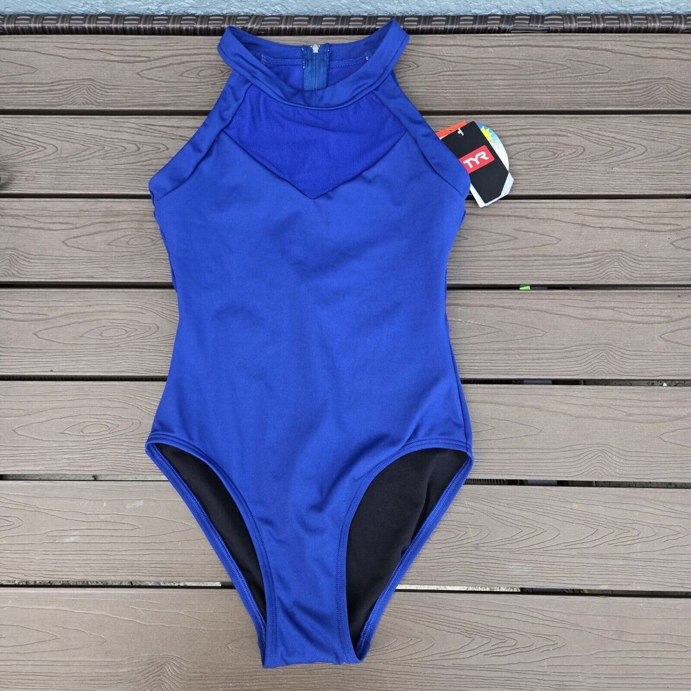 TYR Womens Eva One Piece Swimsuit Solid Royal Blue  High Neck Size S 4/6 New